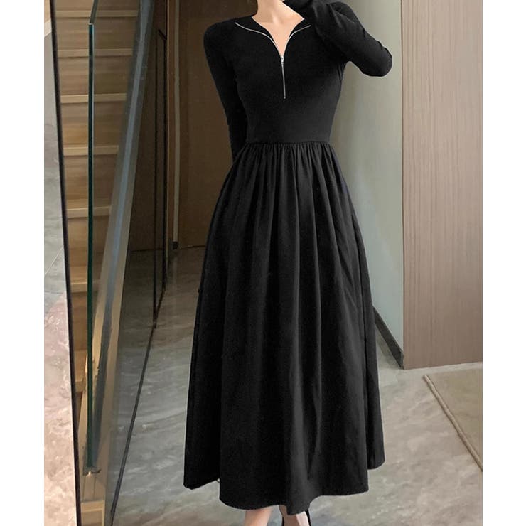 ハーフジップロングワンピース 黒 韓国風 | Miniministore | 詳細画像7 