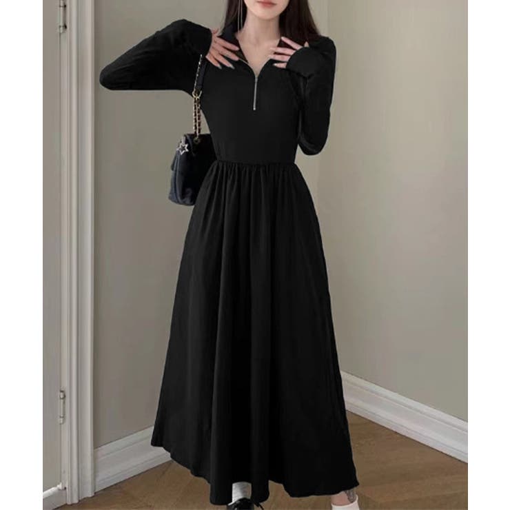 ハーフジップロングワンピース 黒 韓国風 | Miniministore | 詳細画像8 