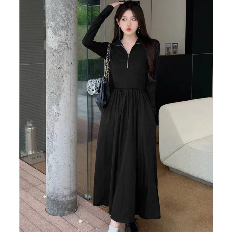 ハーフジップロングワンピース 黒 韓国風 | Miniministore | 詳細画像9 