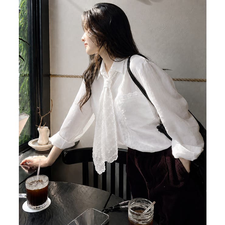 レースストール付きクレープシャツ 韓国風 | Miniministore | 詳細画像6 