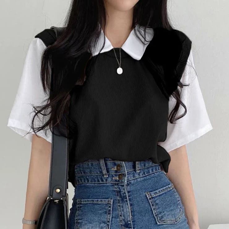 半袖ニットtシャツ レイヤード風Tシャツ[品番：II000010586