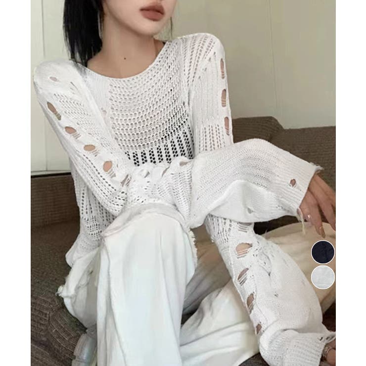 ダメージニットトップス 透かし編みニット | Miniministore | 詳細画像1 