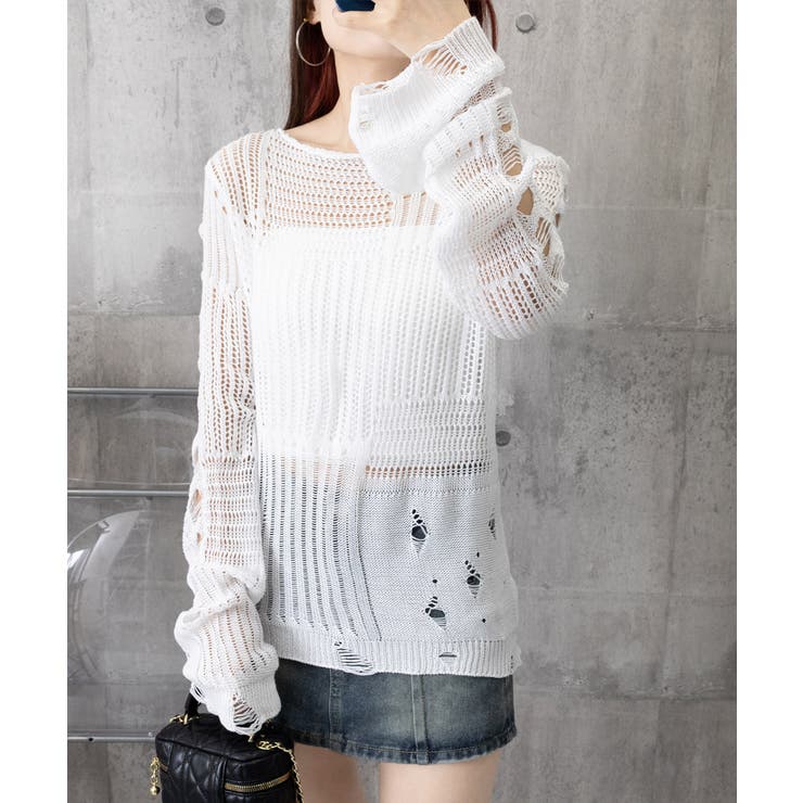 ダメージニットトップス 透かし編みニット | Miniministore | 詳細画像19 