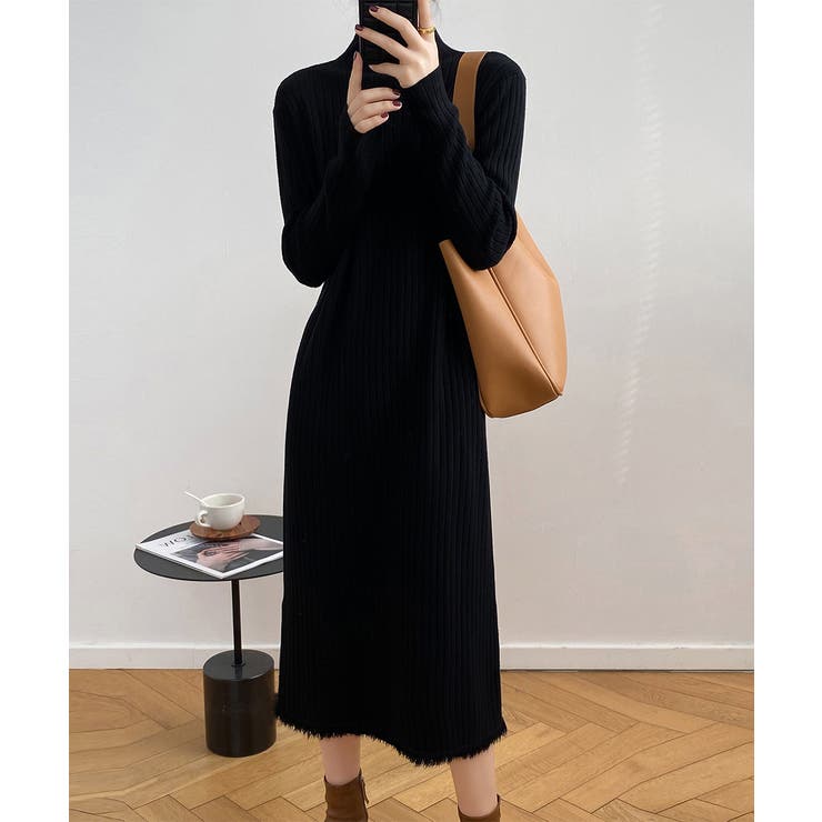 裾フリンジ付き リブニットワンピース秋冬 | Miniministore | 詳細画像3 