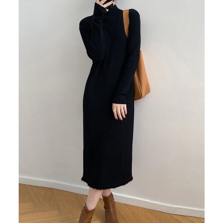 裾フリンジ付き リブニットワンピース秋冬 | Miniministore | 詳細画像4 