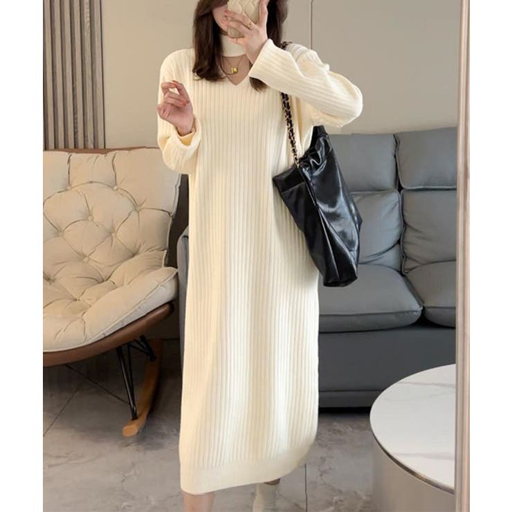 リブニットワンピース ロング丈 vネック | Miniministore | 詳細画像1 