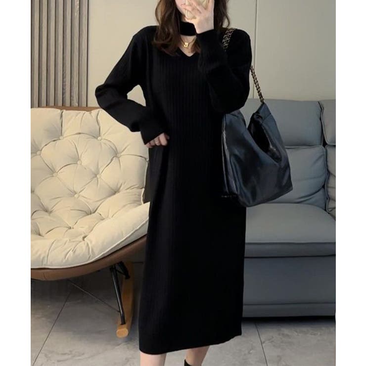 リブニットワンピース ロング丈 vネック | Miniministore | 詳細画像2 