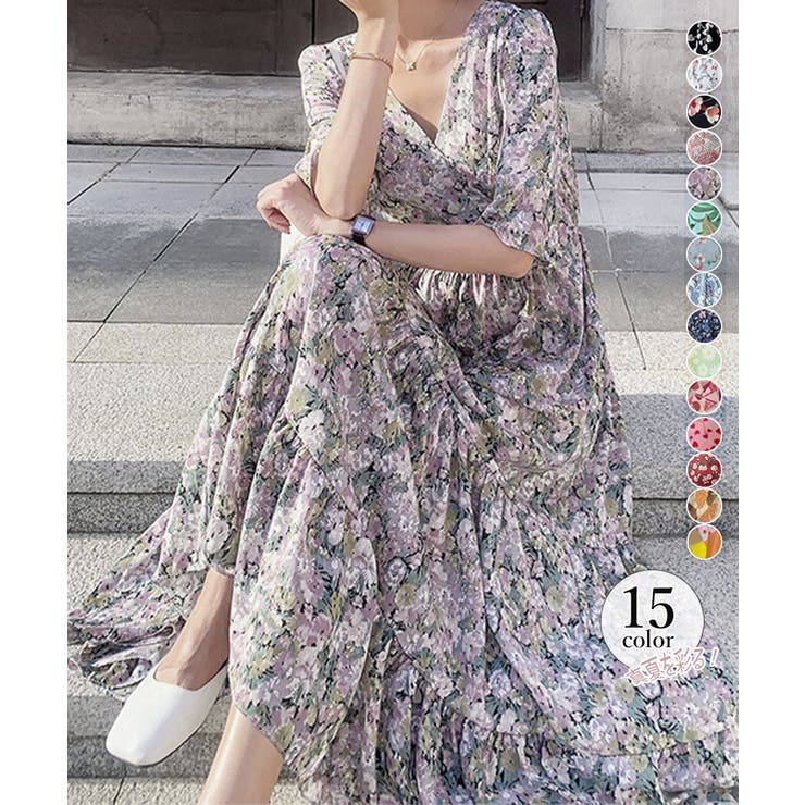 花柄ワンピース5分袖ティアードワンピース[品番：II000011678
