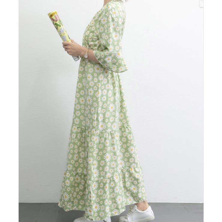 【人気沸騰】 花柄ワンピース5分袖ティアードワンピース[品番：II000011678 ワンピース