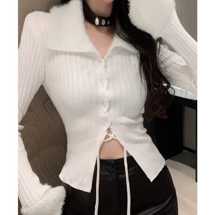 レースアップ リブニットトップス 着やせ | Miniministore | 詳細画像4 