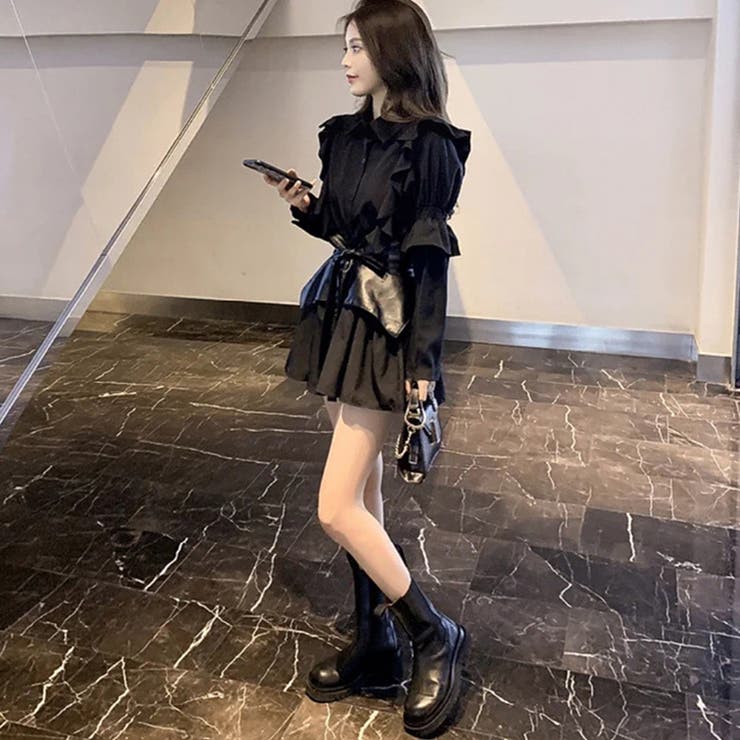 韓国ファッション シャツワンピース 黒