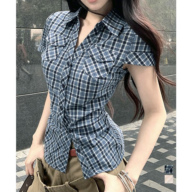 シャーリングブラウスチェック柄シャツ半袖 | Miniministore | 詳細画像1 