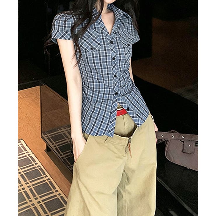シャーリングブラウスチェック柄シャツ半袖 | Miniministore | 詳細画像2 