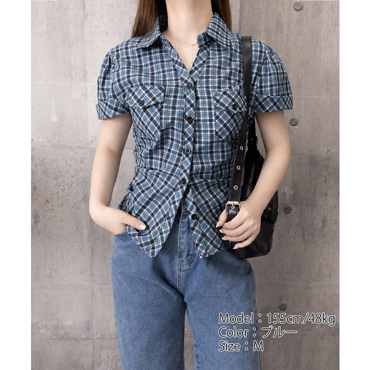 シャーリングブラウスチェック柄シャツ半袖 | Miniministore | 詳細画像26 