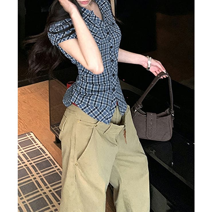 シャーリングブラウスチェック柄シャツ半袖 | Miniministore | 詳細画像5 