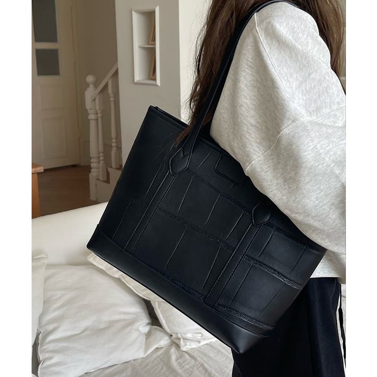ブラック | ZIP付きPUトートバッグ 大容量かばん | SUNSHINE CLOSET
