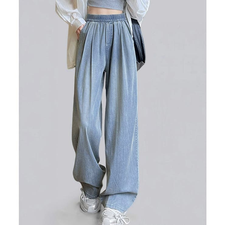 サックスブルー | 美脚デニム風ワイドパンツタック入りパンツ | Miniministore