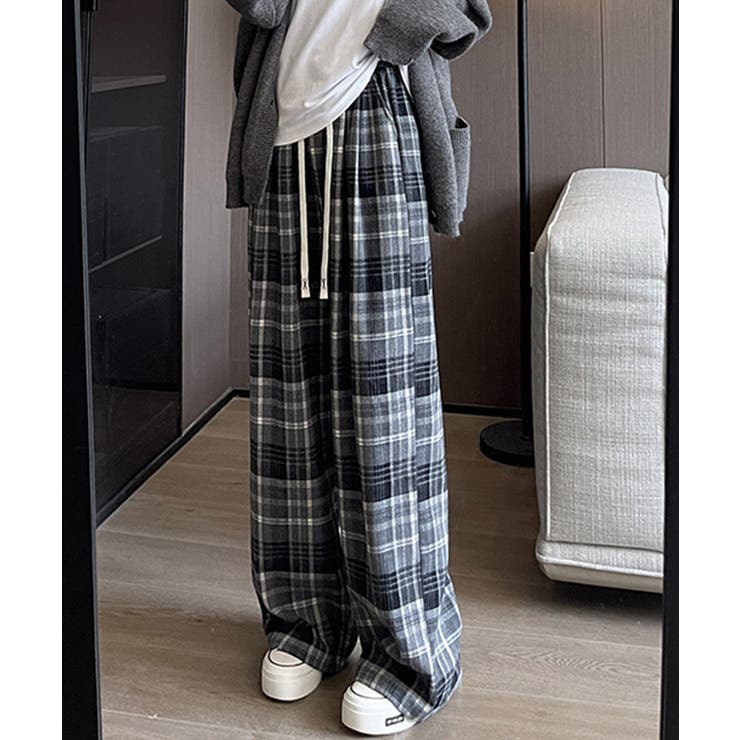 グレー*裏起毛なし | チェック柄パンツハイウエストワイドパンツ | Miniministore