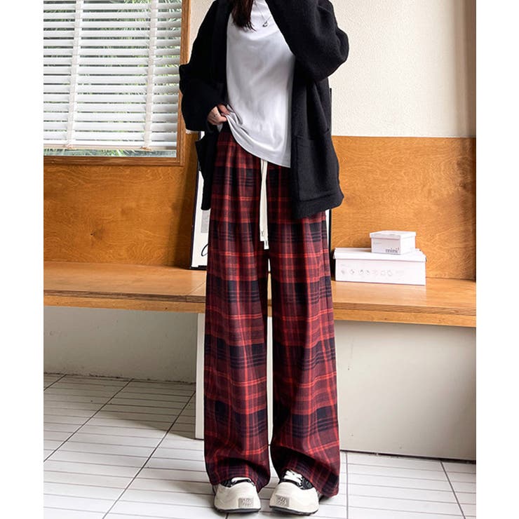 チェック柄パンツハイウエストワイドパンツ[品番：AGCW0006977