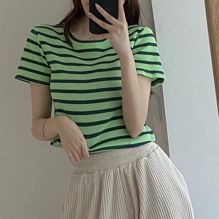 tシャツ ボーダーリブＴシャツ レディース リブ編みニットレディースボーダーTシャツ[品番：II000009163