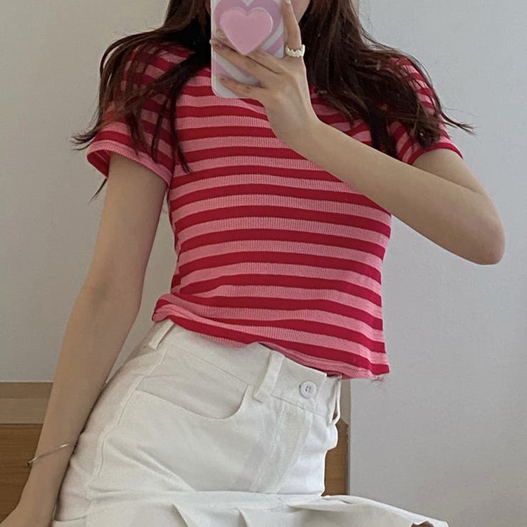 ストロベリーピンク | リブ編みニットレディースボーダーTシャツ | Miniministore