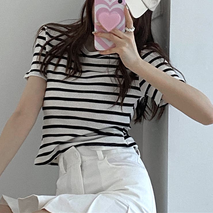 ホワイト | リブ編みニットレディースボーダーTシャツ | Miniministore