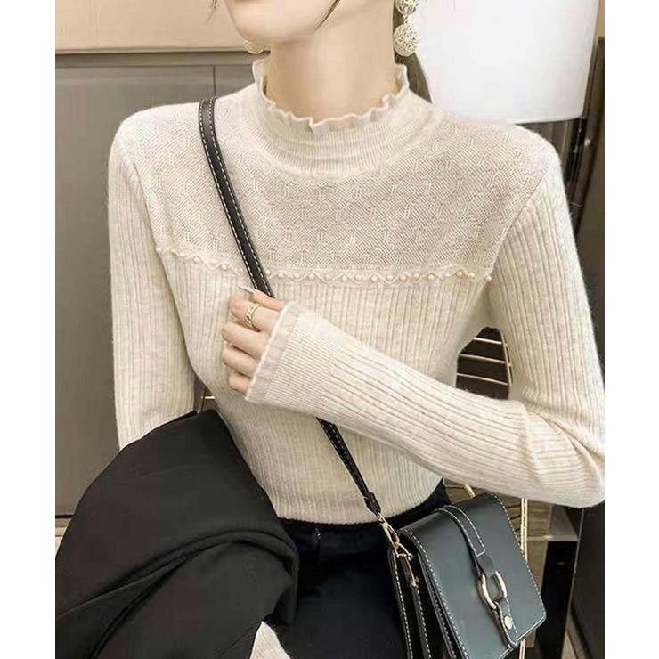 ベージュ | ハイネックニットトップスフリルニットソー | Miniministore