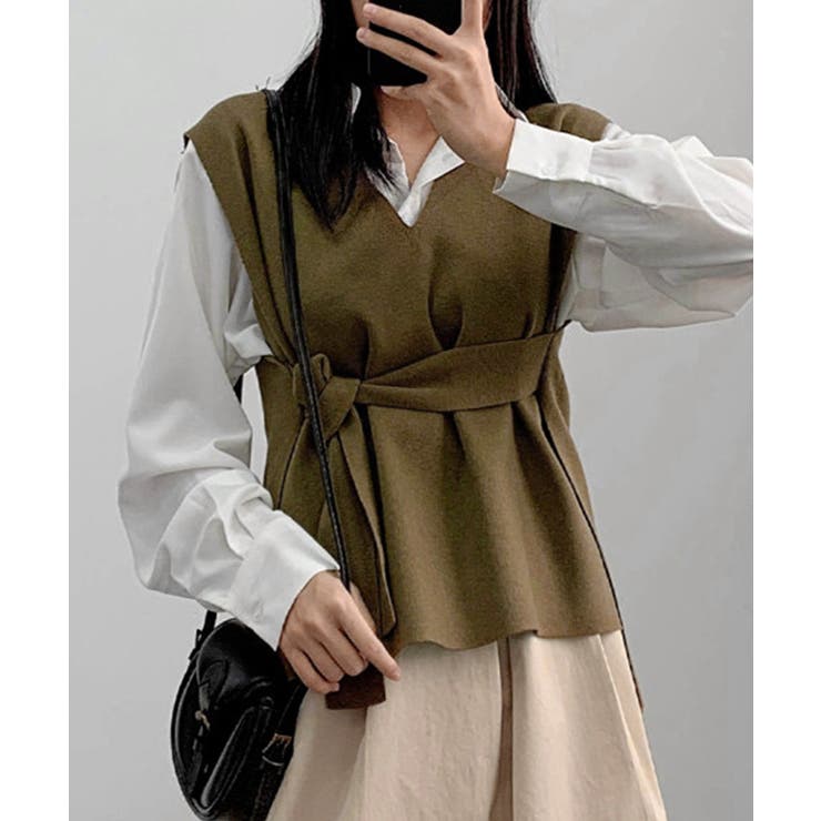 オリーブ | ベルト付きニットベストニットジレVネック | Miniministore