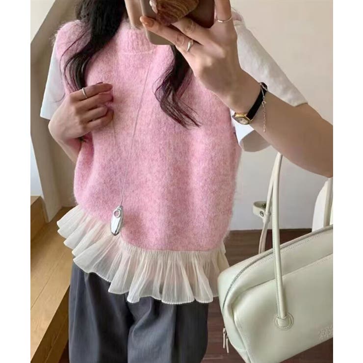 ピンク | ニットベスト レディースチョッキ 重ね着 | Miniministore