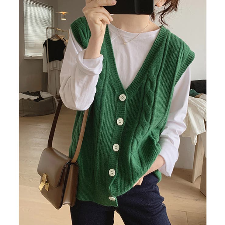 グリーン | Vネックニットベストレディースニットジレ | SUNSHINE CLOSET