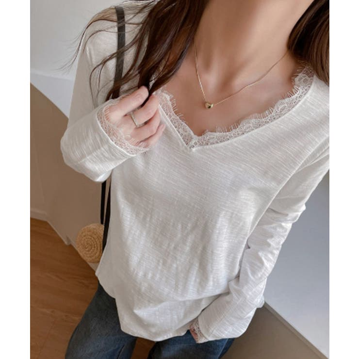 ホワイト | レース長袖トップスVネックカットソー秋服 | Miniministore