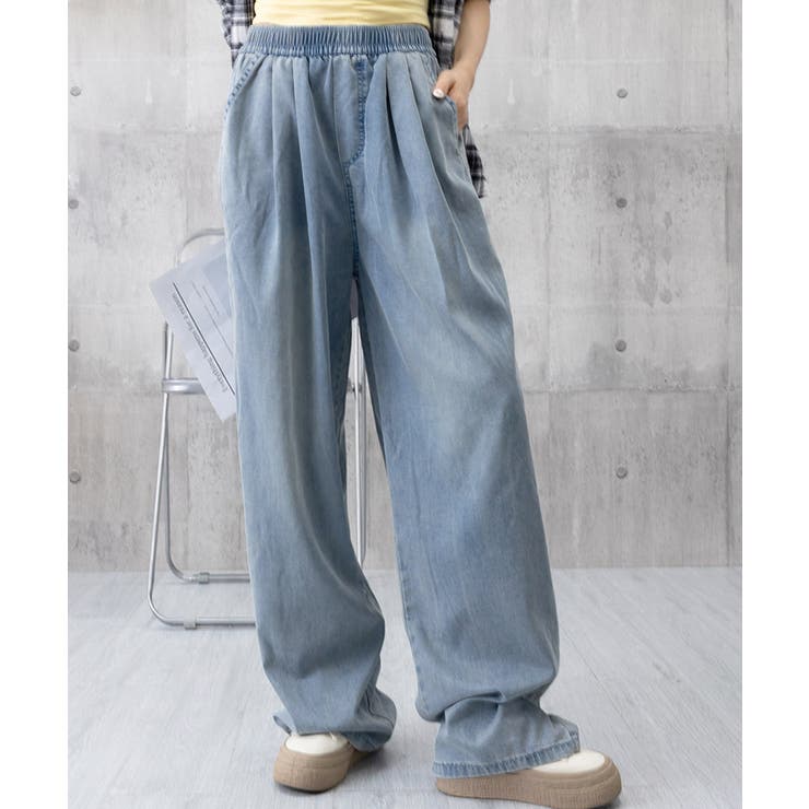 美脚デニム風ワイドパンツタック入りパンツ[品番：II000012735