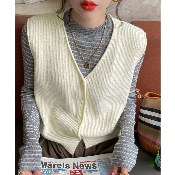 リブニットベスト前開きニットジレVネック | Miniministore | 詳細画像11 
