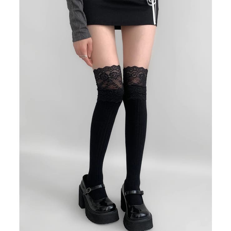 ニーハイソックス花柄レース切り替え靴下[品番：II000012376