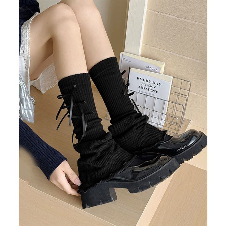 ブラック | レッグウォーマー リボン付きレッグカバー | Miniministore