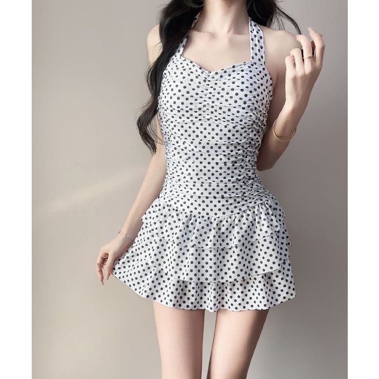ホワイト | ドット柄ワンピース水着ホルターネック水着 | Miniministore