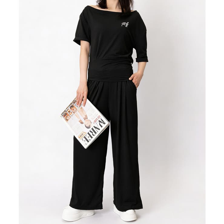 ブラック | オフショルダートップスワイドパンツセット | Miniministore