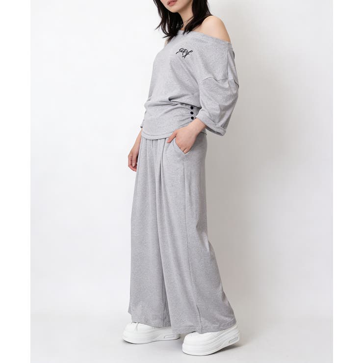 グレー | オフショルダートップスワイドパンツセット | Miniministore