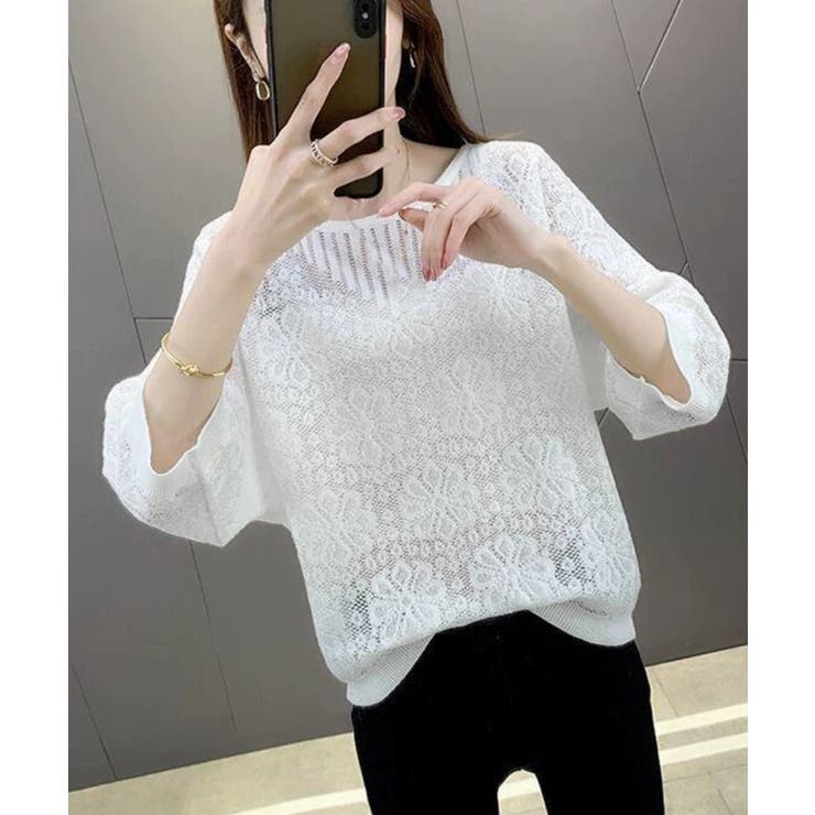レースレディース Lace Ladies 千鳥柄7分袖ニットプルオーバー