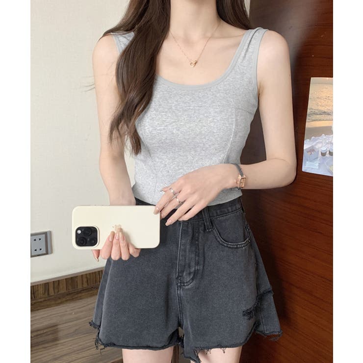 全国宅配無料 カップ付きタンクトップ 夏服[品番：II000011799 ショート丈 タンクトップ