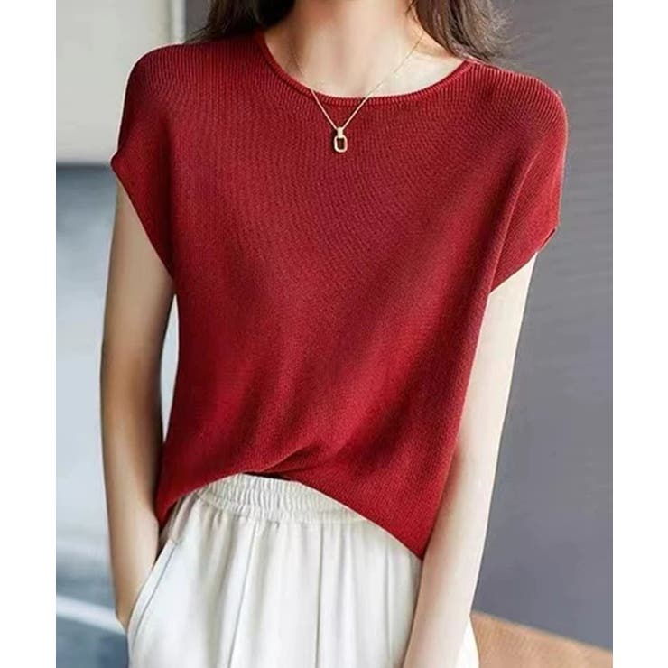 レッド | フレンチスリーブサマーニットバックボタン | Miniministore