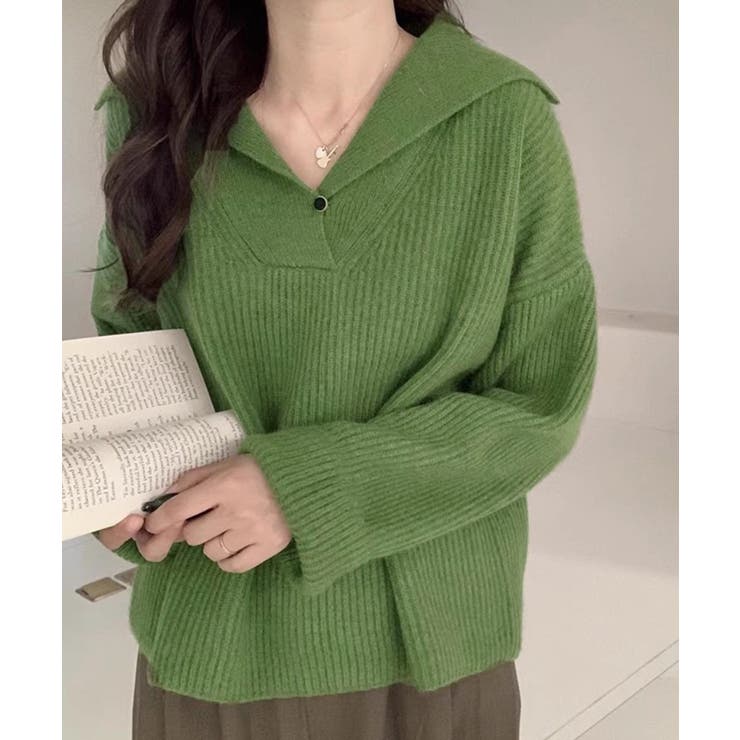 グリーン | ポロ襟ニットセーター レディース 韓国風 | Miniministore