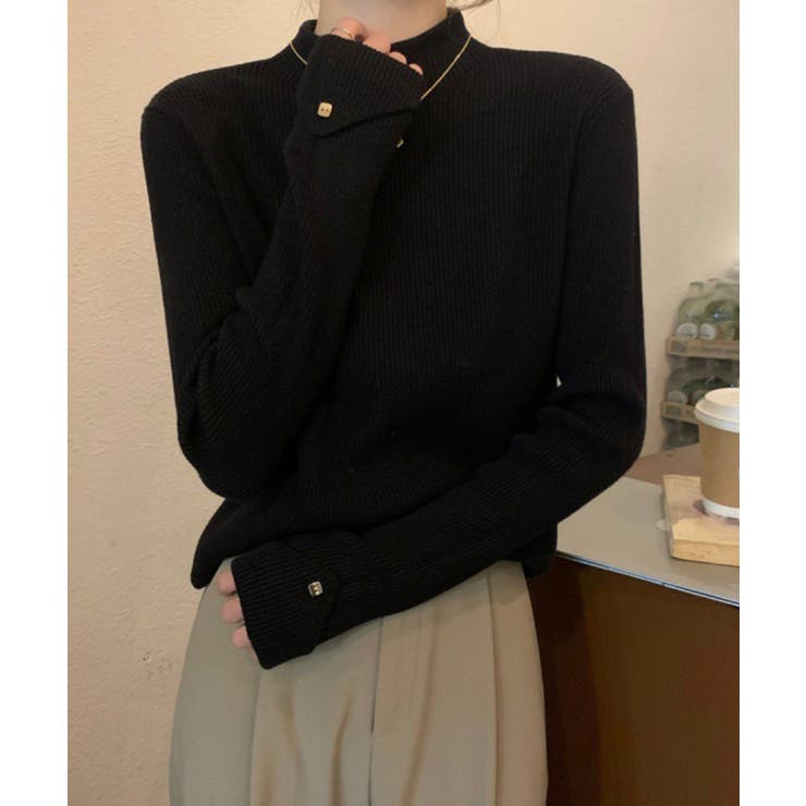 ブラック | プチハイネックニットトップス 袖口ボタン | Miniministore