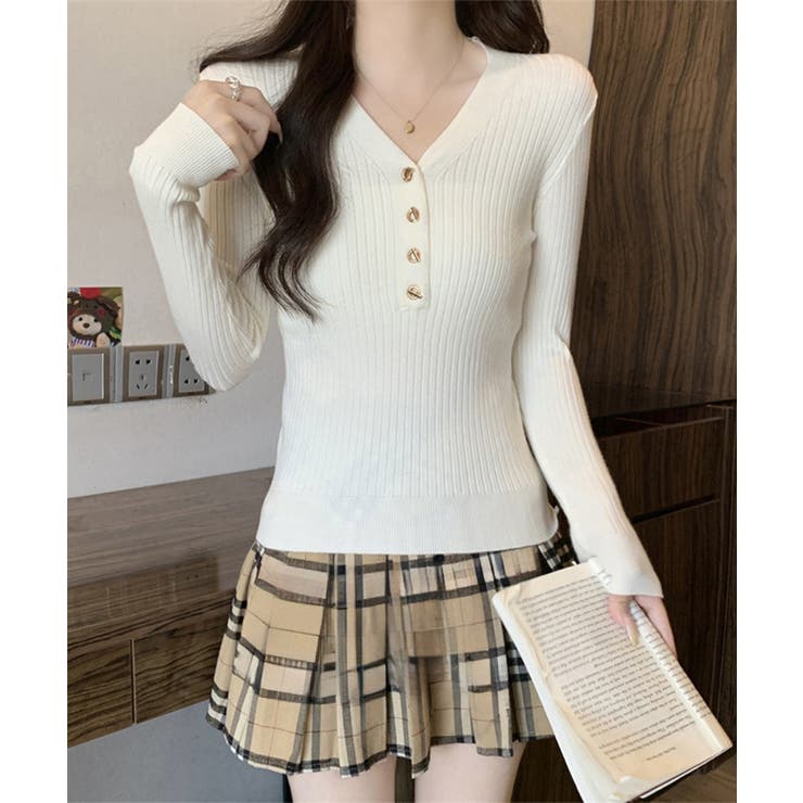 アイボリー | Vネックリブニットトップス ハーフボタン | Miniministore