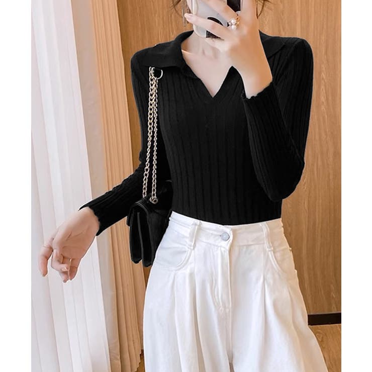 ブラック | ポロカラー リブニットトップス Vネック | Miniministore