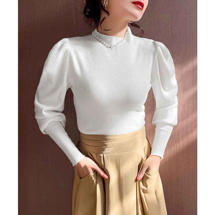 パフスリーブニット デザイン編み柄パフスリーブニット（乾燥機OK・ウォッシャブル