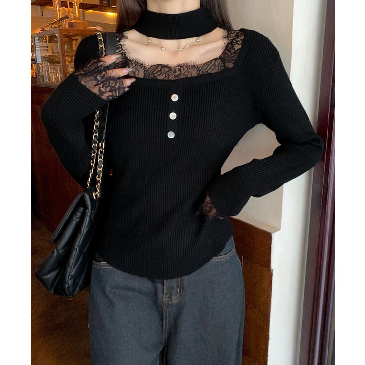 ブラック | チョーカー風 リブニットトップス 韓国風 | Miniministore