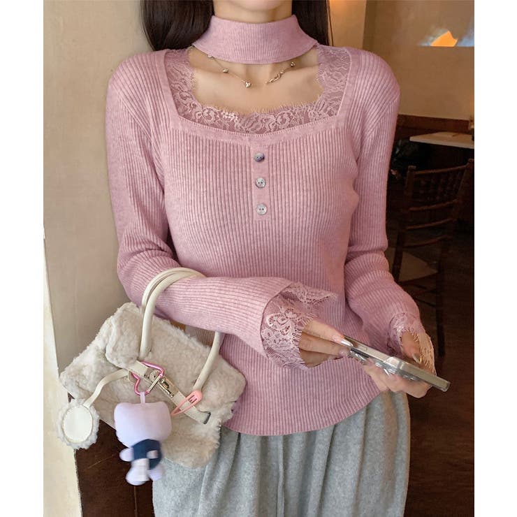 ピンク | チョーカー風 リブニットトップス 韓国風 | Miniministore