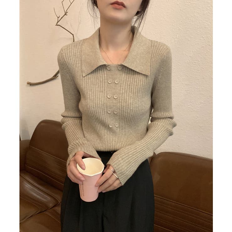 ベージュ | ポロニットトップスきれいめニットセーター | Miniministore