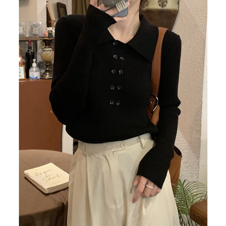 ブラック | ポロニットトップスきれいめニットセーター | Miniministore